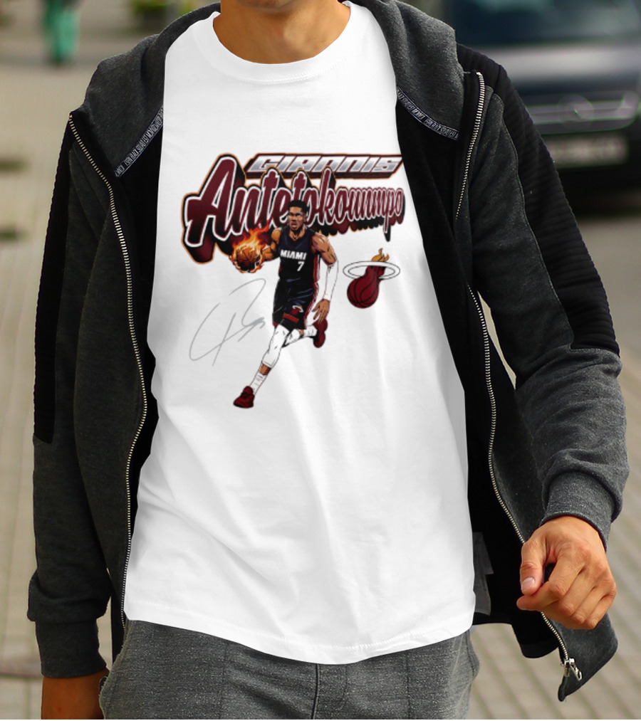 Giannis Antetokounmpo Miami Heat Basketball Cursive Script T-Shirt