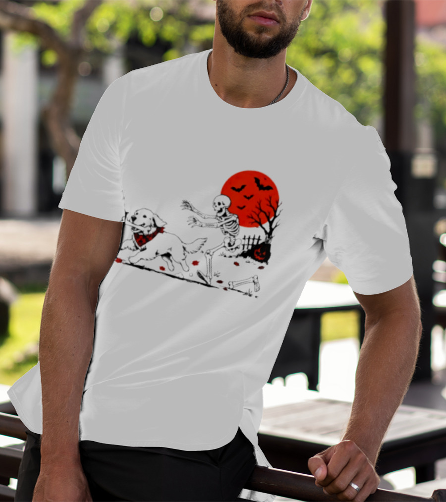 Golden Retriever And Skeleton Chase Under Red Moon With Bats And Pumpkin T-Shirt
