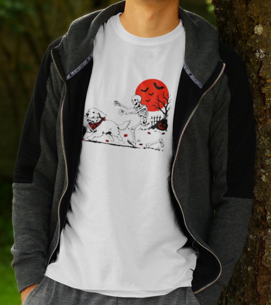 Golden Retriever And Skeleton Chase Under Red Moon With Bats And Pumpkin T-Shirt
