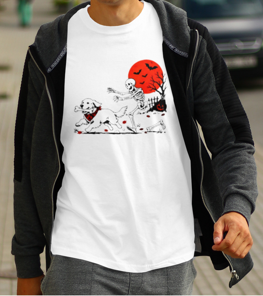 Golden Retriever And Skeleton Chase Under Red Moon With Bats And Pumpkin T-Shirt