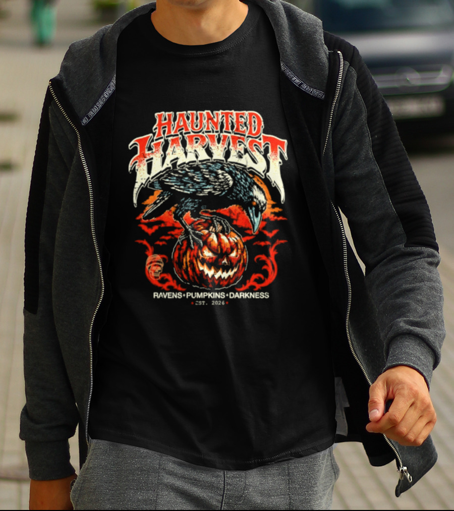 Haunted Harvest Ravens Pumpkins Darkness Est 2026 T-Shirt