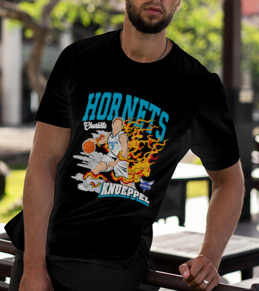 Charlotte Hornets Kon Knueppel Basketball With Flames Motif T-Shirt