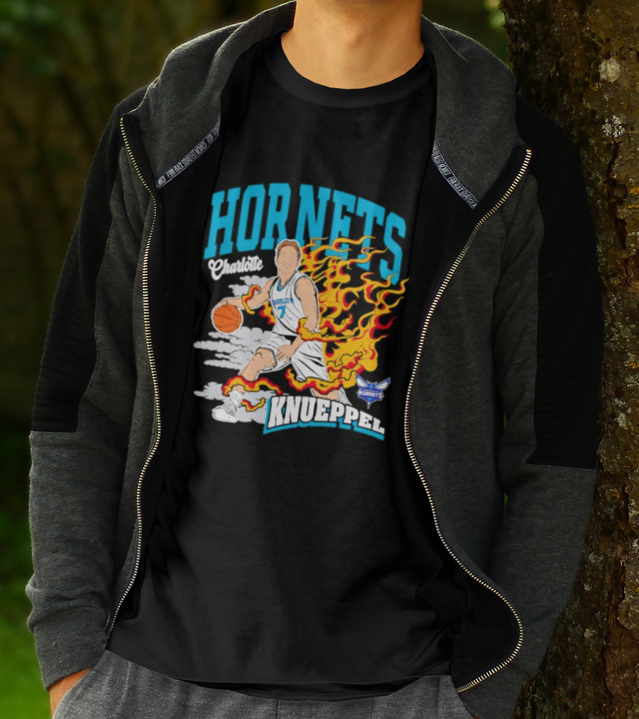 Charlotte Hornets Kon Knueppel Basketball With Flames Motif T-Shirt