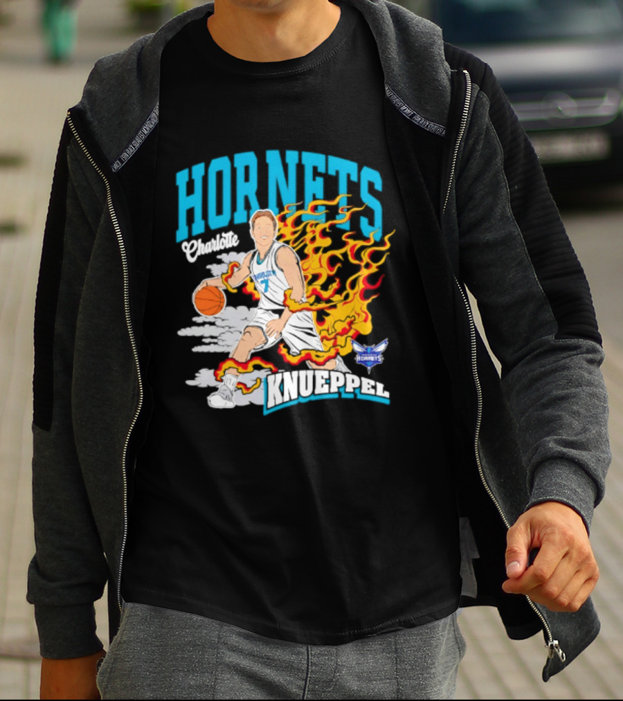 Charlotte Hornets Kon Knueppel Basketball With Flames Motif T-Shirt
