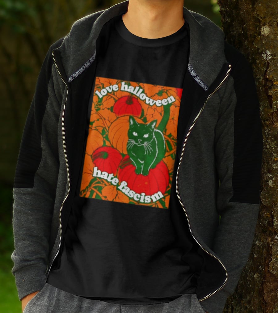 Love Halloween Hate Fascism Black Cat Pumpkins T-Shirt