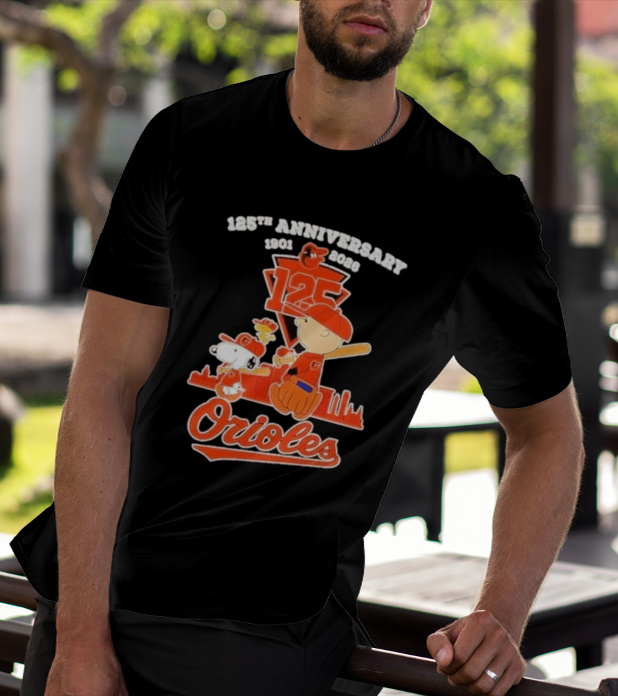 Peanuts Snoopy Baltimore Orioles 125th Anniversary 1901 2026 Skyline Baseball T-Shirt