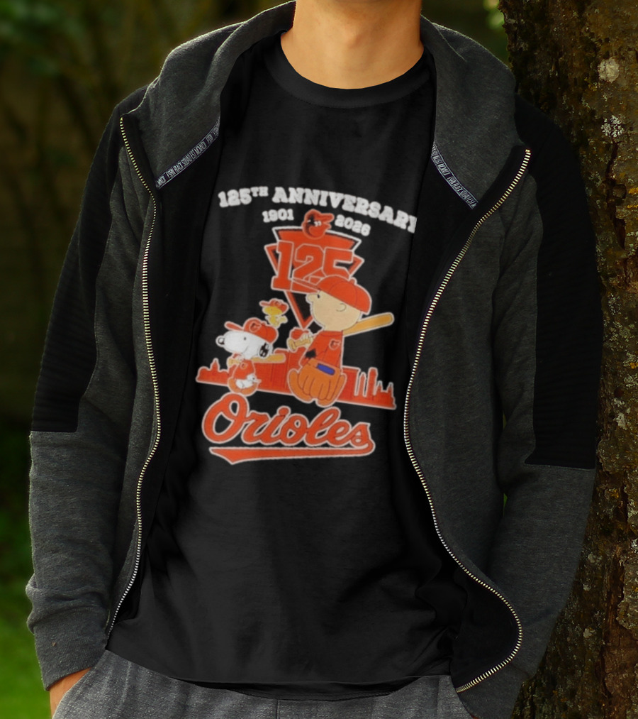 Peanuts Snoopy Baltimore Orioles 125th Anniversary 1901 2026 Skyline Baseball T-Shirt
