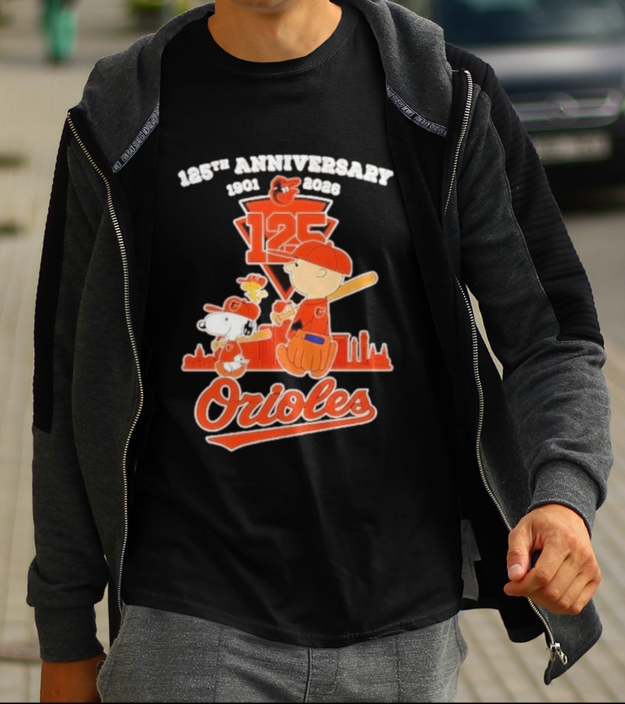 Peanuts Snoopy Baltimore Orioles 125th Anniversary 1901 2026 Skyline Baseball T-Shirt
