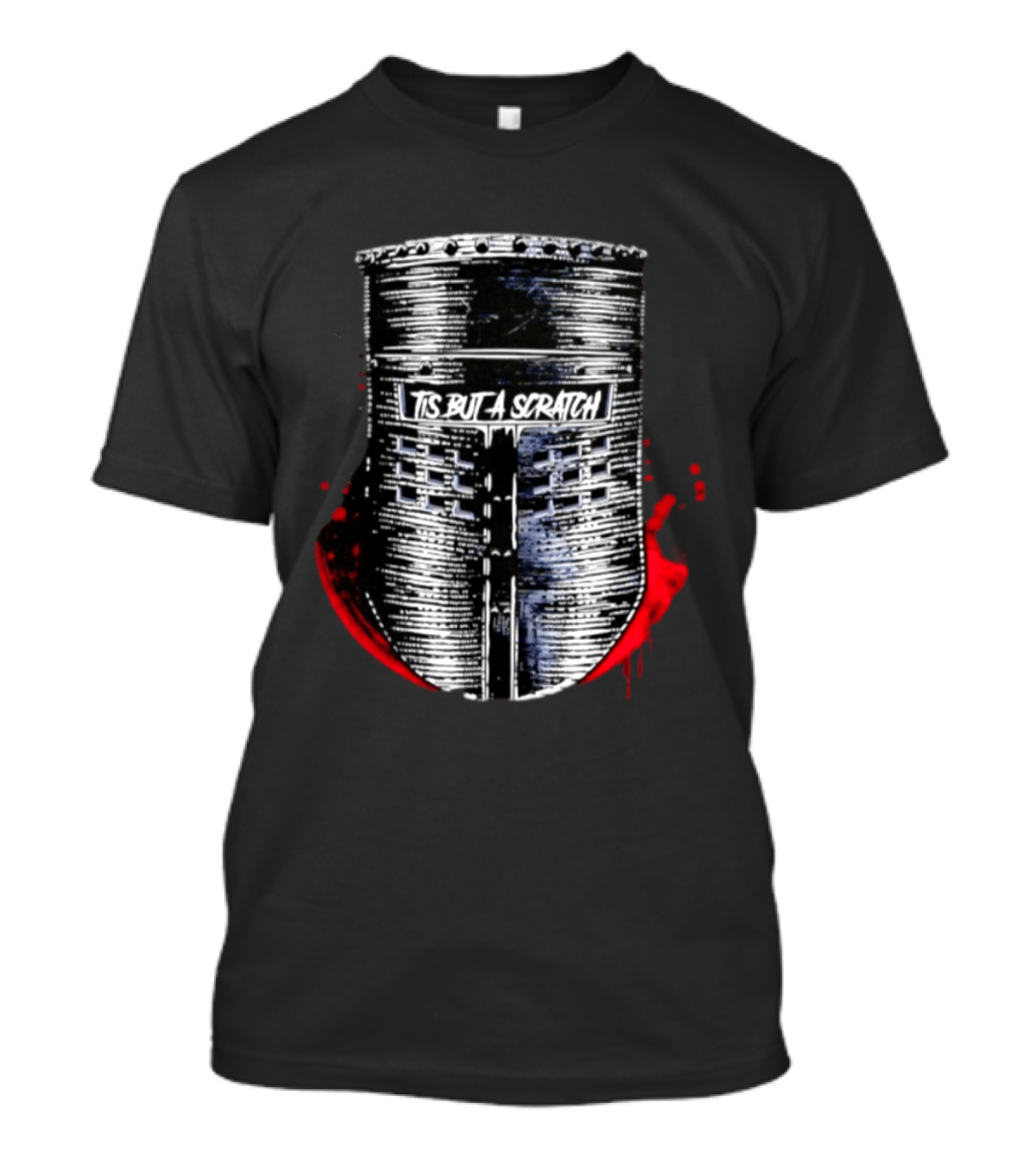 Tis But A Scratch Knight Helmet Monty Python Black Knight Blood Splatter T-Shirt