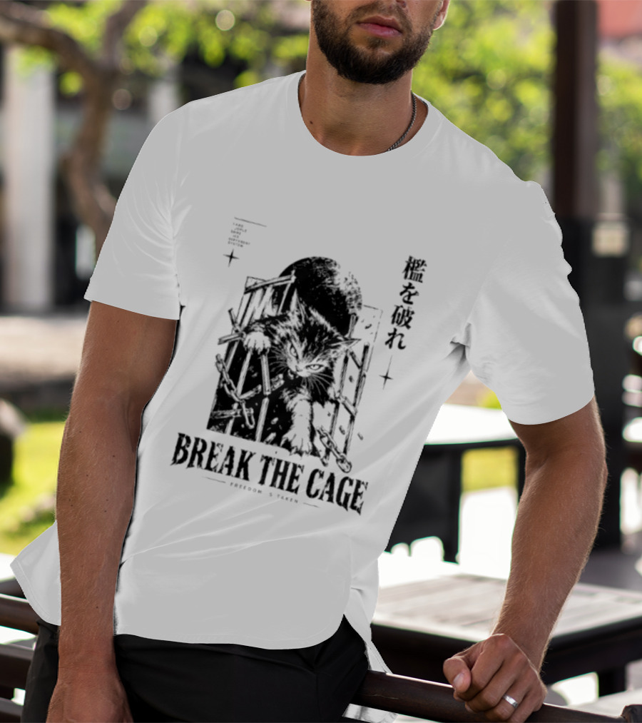 Break The Cage Freedom Is Taken Cat Kanji T-Shirt