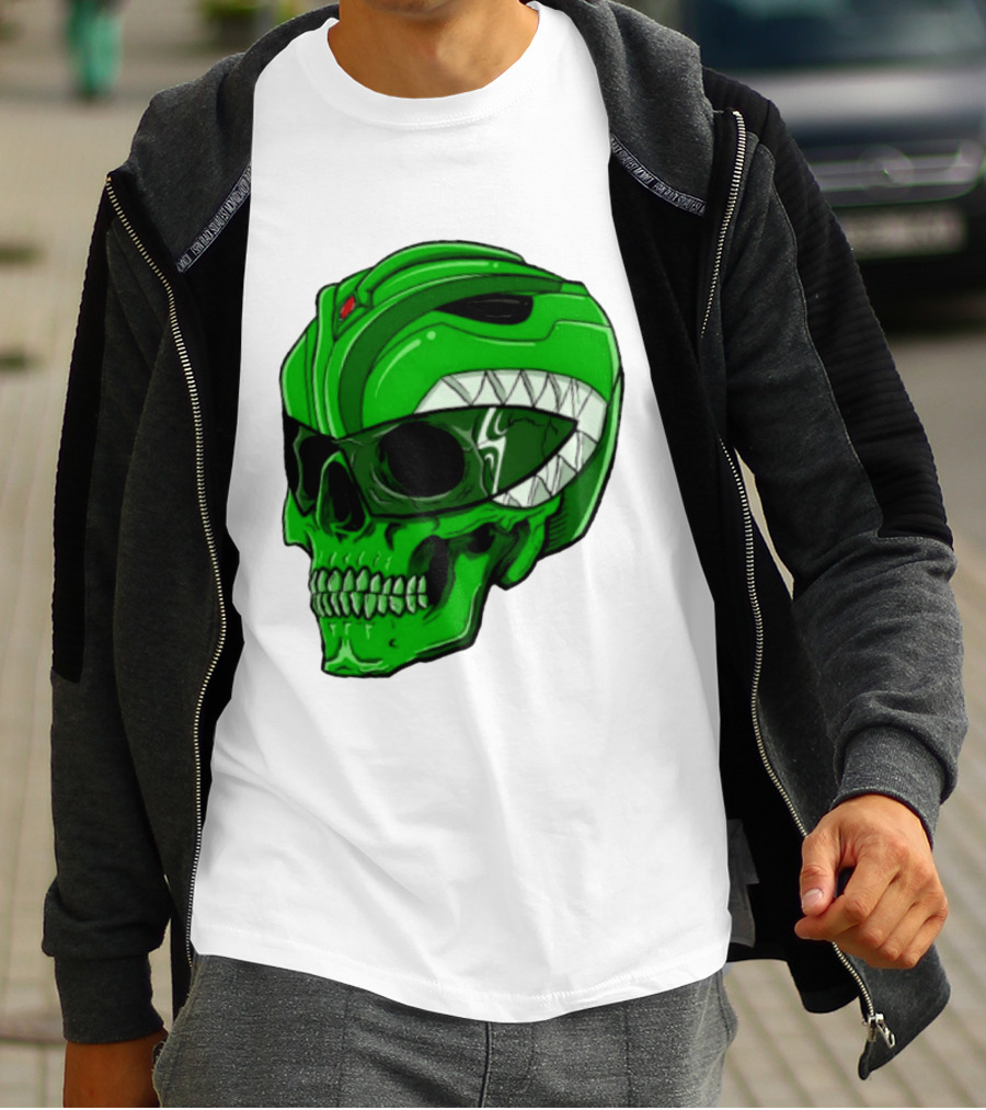 Mighty Morphin Power Rangers Green Ranger Zombie Skull Helmet Mashup T-Shirt