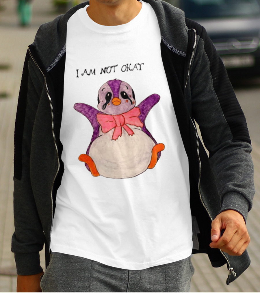 I Am Not Okay Crying Penguin Aesthetic Bow Tearful Purple Orange T-Shirt
