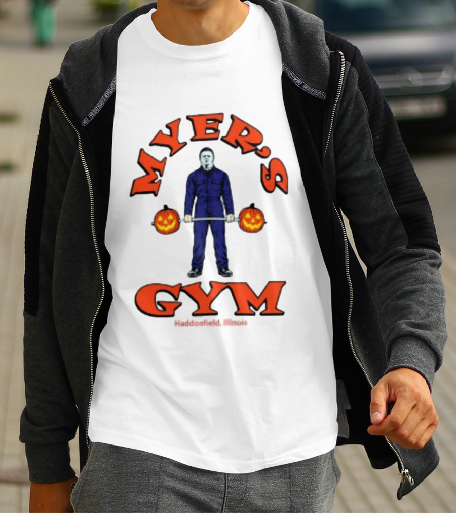 Myers's Gym Haddonfield Illinois Michael Myers Jack O' Lantern Weightlifting Halloween T-Shirt