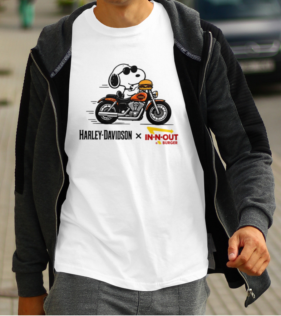 Snoopy Riding Harley Davidson With In N Out Burger Collaboration T-Shirt