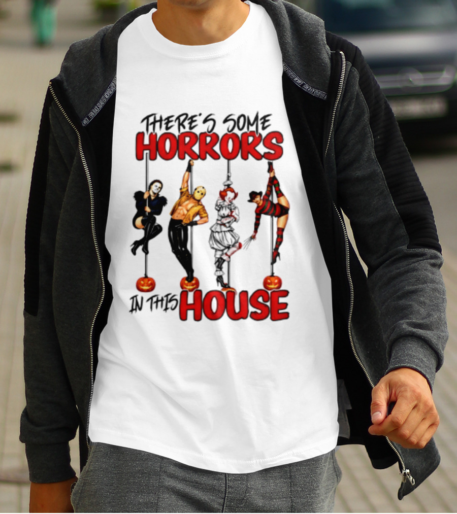 There's Some Horrors In This House Halloween Characters Pumpkin Poles T-Shirt