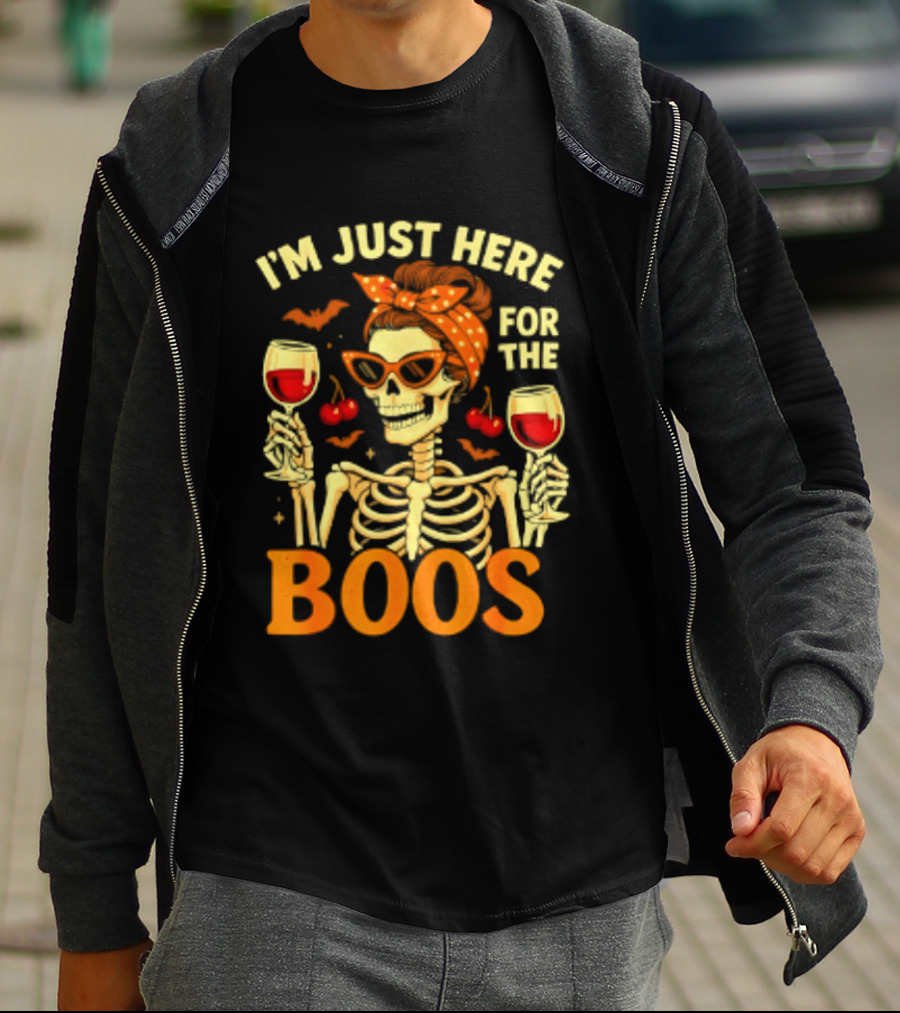 I'm Just Here For The Boos Skeleton Wine Cherries Halloween T-Shirt