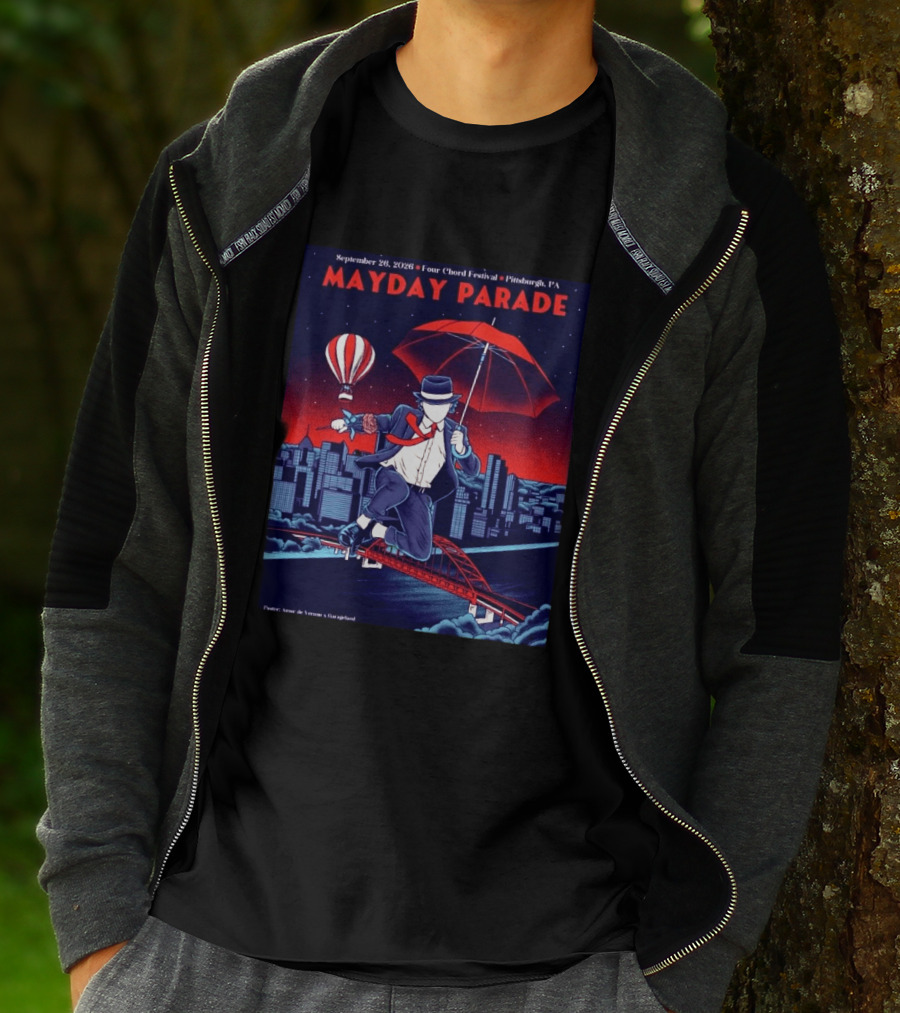 Mayday Parade September 26 2026 Four Chord Festival Pittsburgh PA Hot Air Balloon Umbrella Cityscape T-Shirt