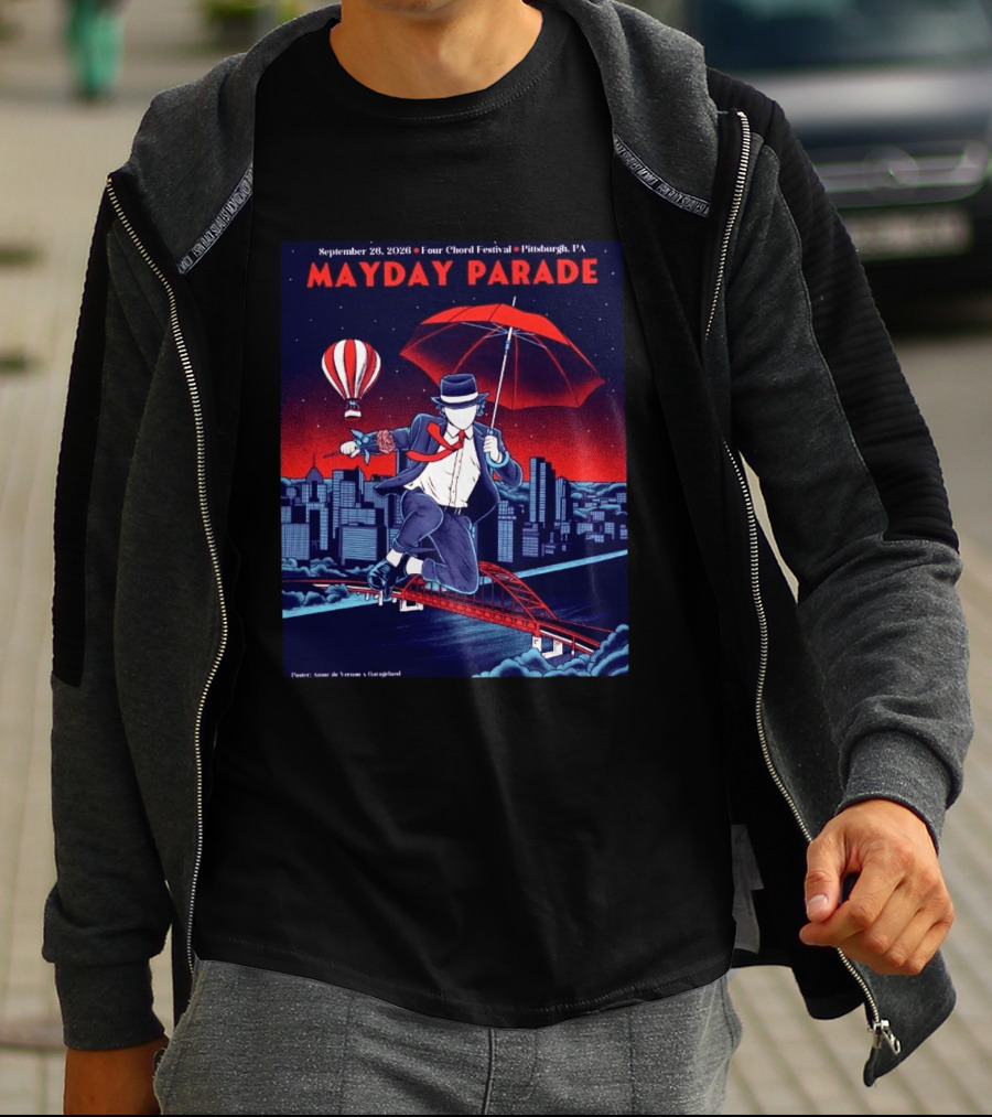Mayday Parade September 26 2026 Four Chord Festival Pittsburgh PA Hot Air Balloon Umbrella Cityscape T-Shirt