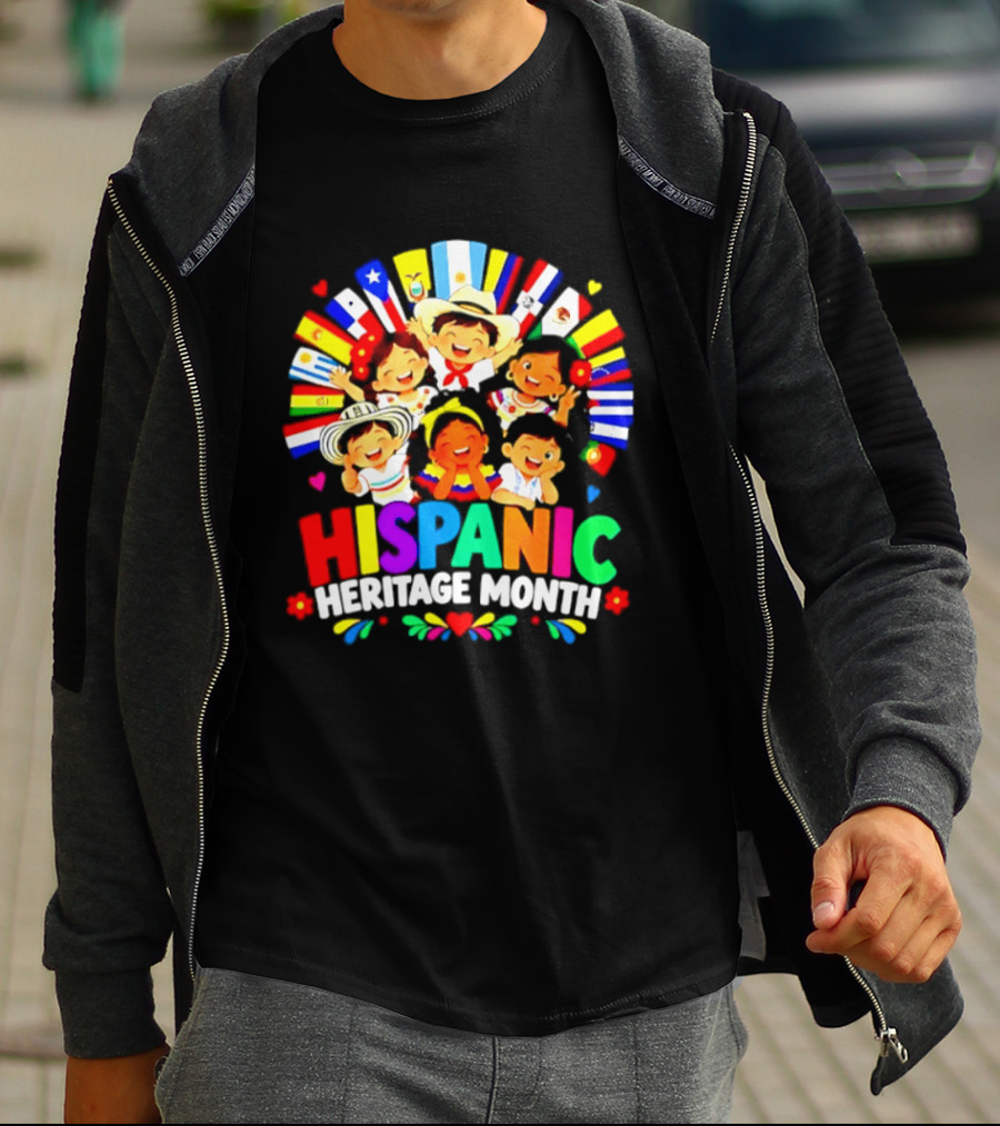 Hispanic Heritage Month Celebration With Latino Countries Flags And Happy Children T-Shirt