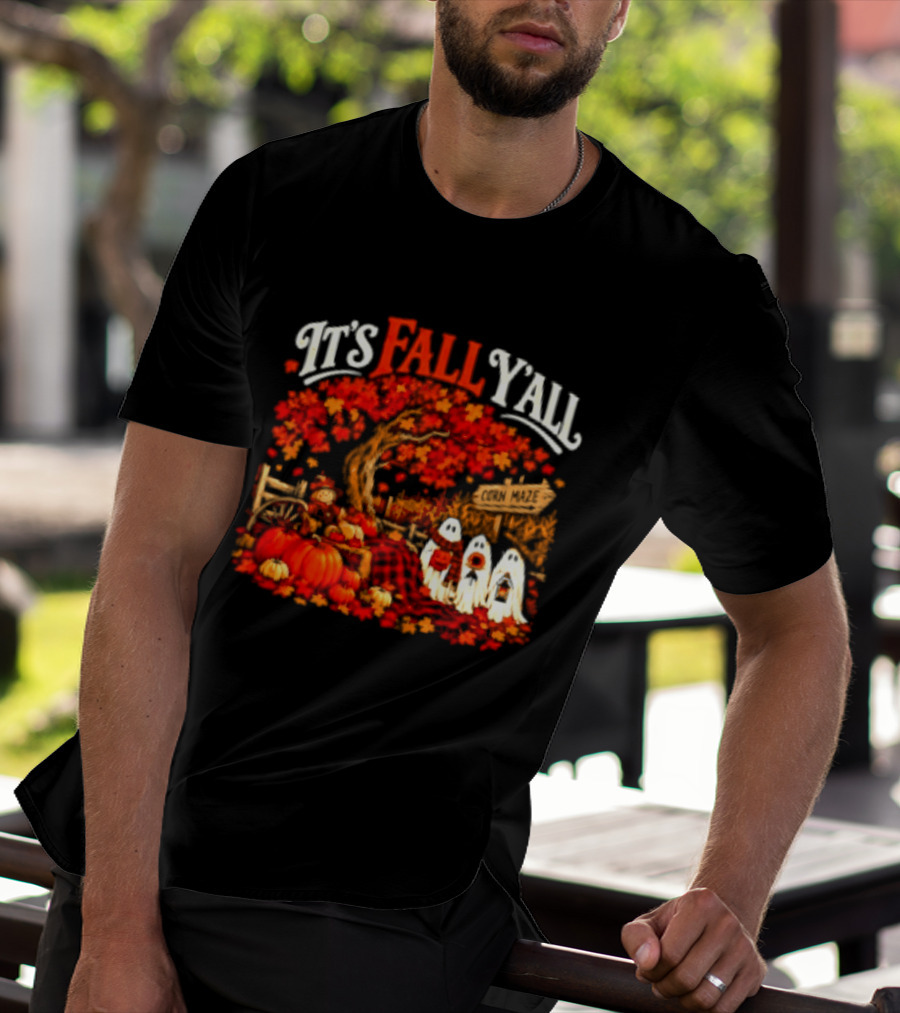 It's Fall Y'all Corn Maze Pumpkins Scarecrow Ghosts Halloween Tree T-Shirt