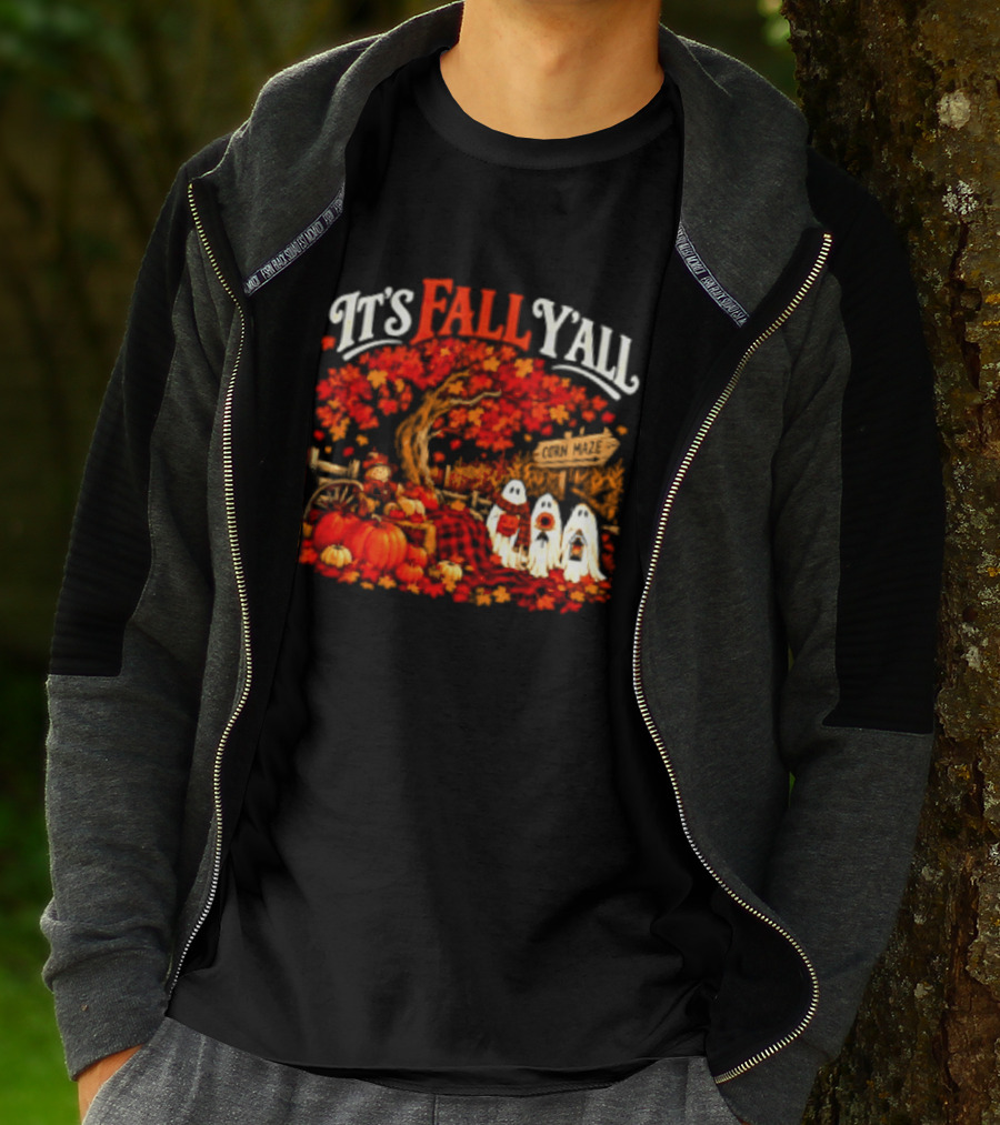 It's Fall Y'all Corn Maze Pumpkins Scarecrow Ghosts Halloween Tree T-Shirt