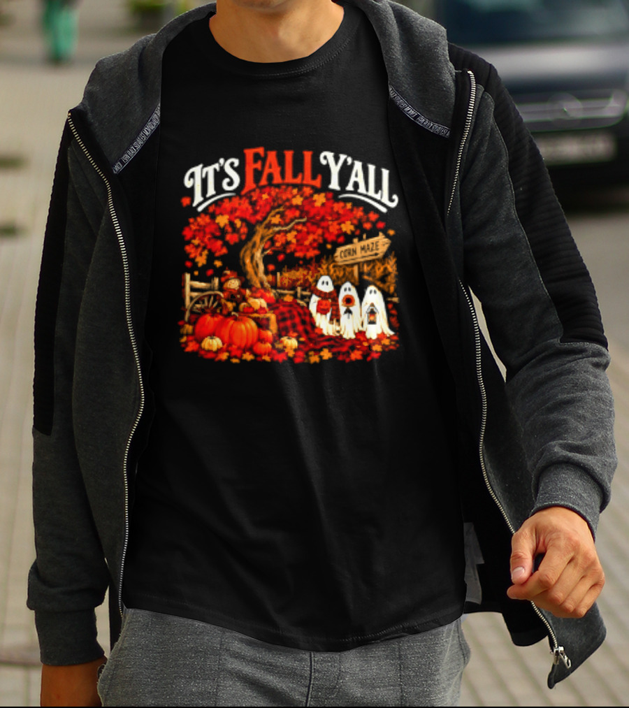 It's Fall Y'all Corn Maze Pumpkins Scarecrow Ghosts Halloween Tree T-Shirt