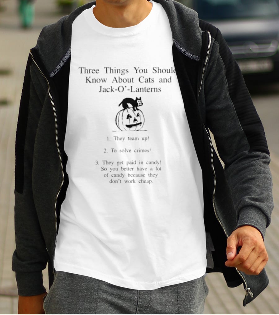Three Things You Should Know About Cats And Jack O' Lanterns Halloween Team Up To Solve Crimes For Candy T-Shirt