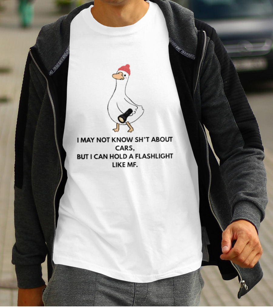 I May Not Know Sh*t About Cars But I Can Hold A Flashlight Like MF Funny Duck Red Hat T-Shirt