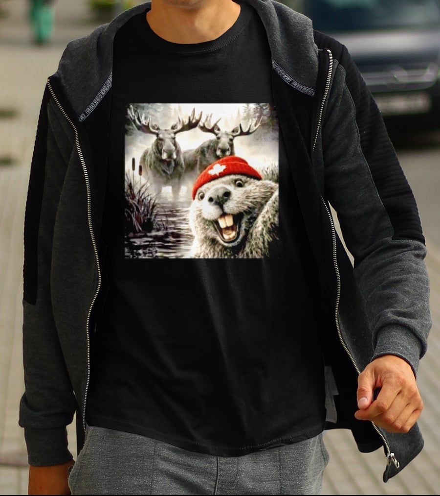 Beaver With Maple Leaf Beanie And Moose Forest Scene T-Shirt