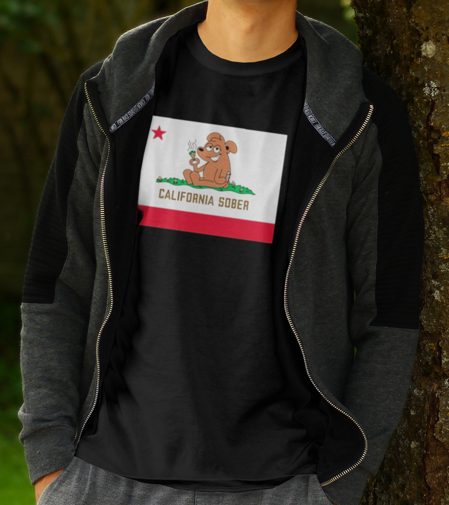 California Sober Bear With Joint And Drink State Flag T-Shirt