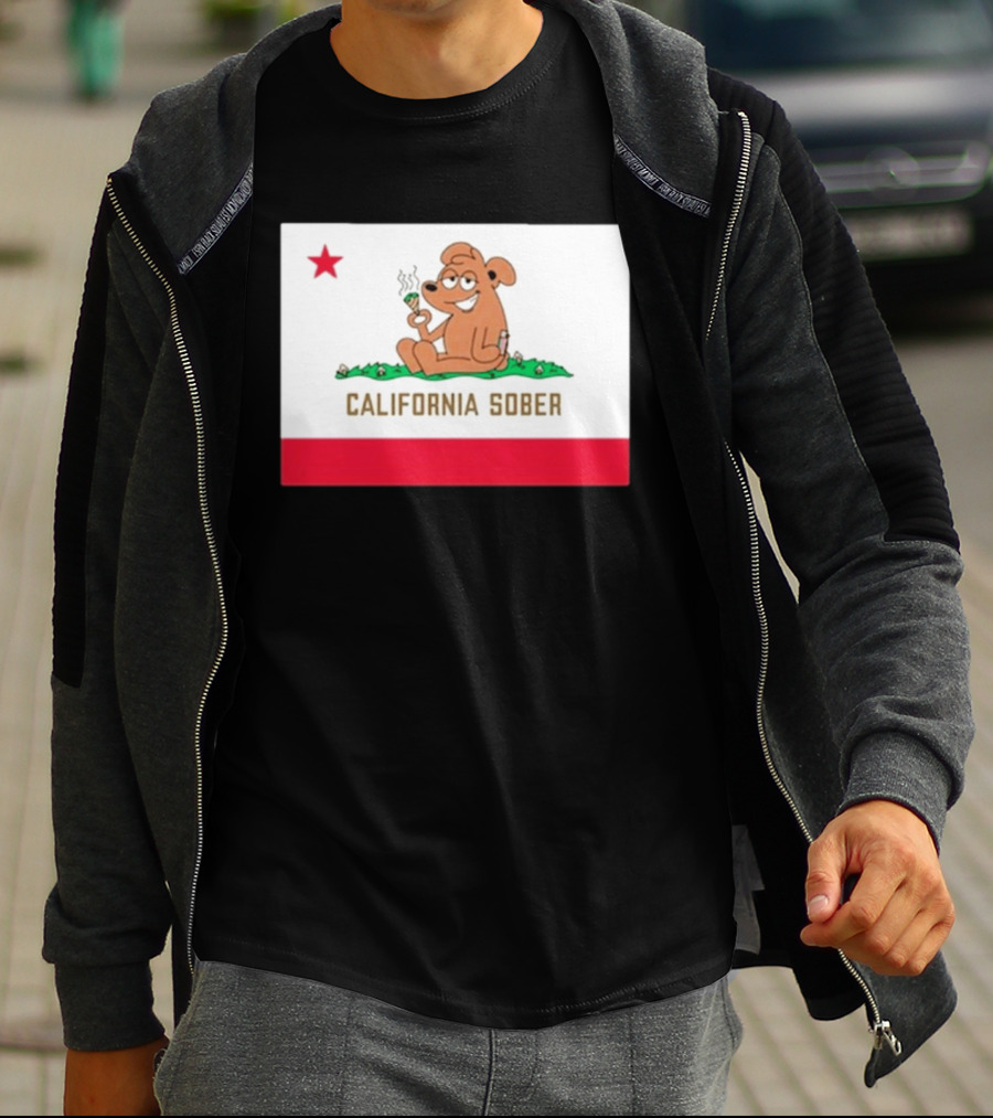 California Sober Bear With Joint And Drink State Flag T-Shirt