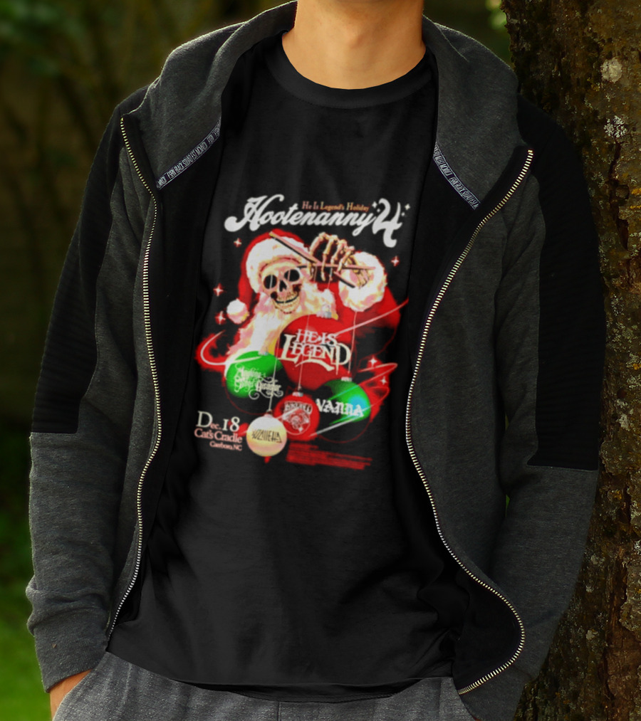 Holiday Hootenanny He Is Legend Skeleton Santa Cat's Cradle Carrboro NC Christmas T-Shirt