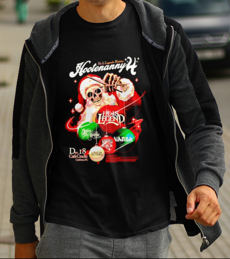 Holiday Hootenanny He Is Legend Skeleton Santa Cat's Cradle Carrboro NC Christmas T-Shirt