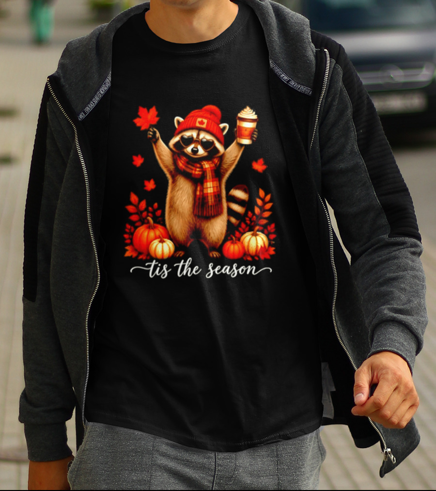 Raccoon In Scarf With Heart Sunglasses Autumn Leaves Pumpkins Tis The Season T-Shirt