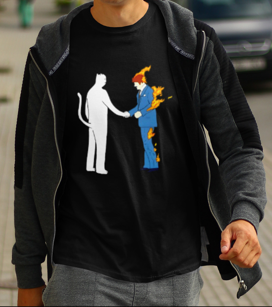 Rip N Dip Cat Handshake Burning Man Suit On Fire T-Shirt