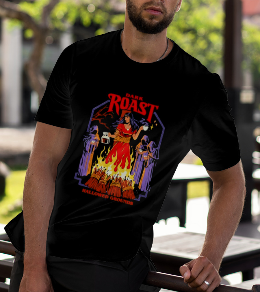 Dark Roast Hallowed Grounds Coffee Witch Brewing Flames And Rituals T-Shirt