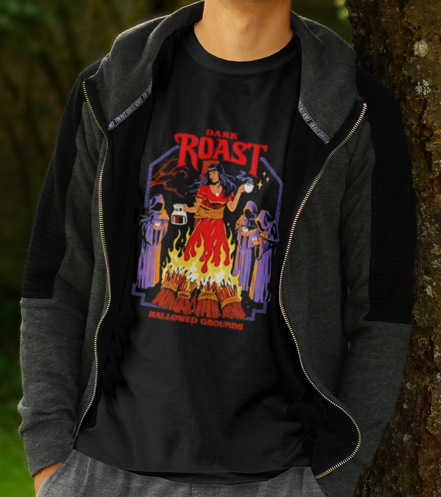 Dark Roast Hallowed Grounds Coffee Witch Brewing Flames And Rituals T-Shirt