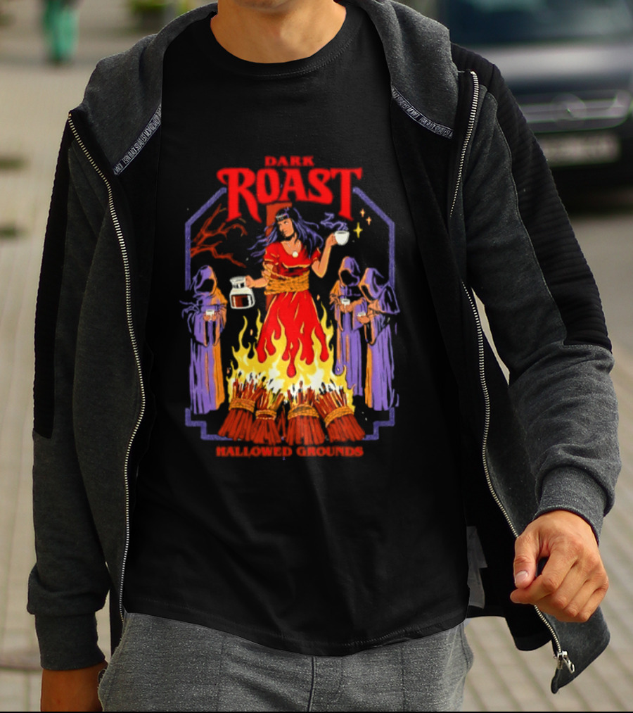 Dark Roast Hallowed Grounds Coffee Witch Brewing Flames And Rituals T-Shirt