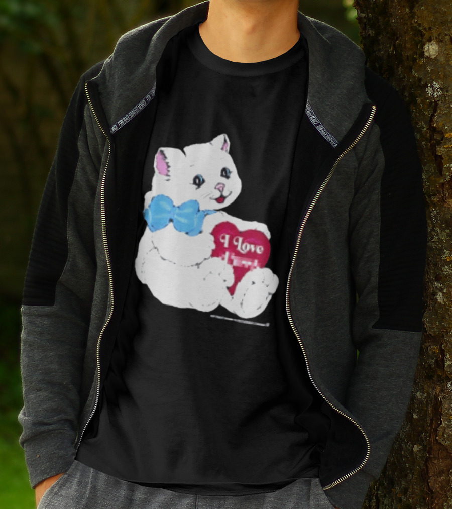 I Love Pussy Cats Heart Blue Bow Adorable White Kitten T-Shirt