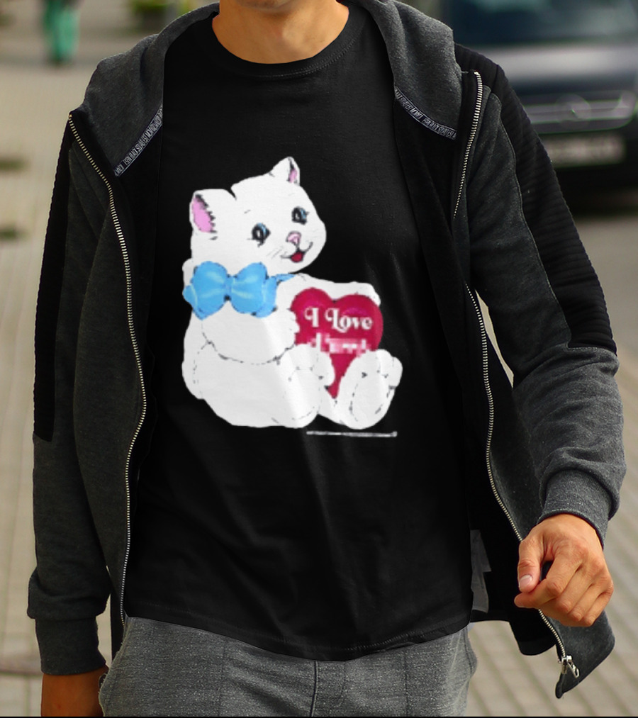I Love Pussy Cats Heart Blue Bow Adorable White Kitten T-Shirt