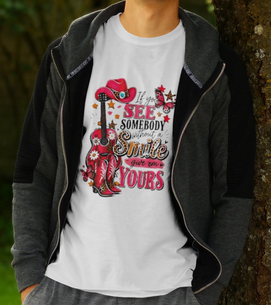 If You See Somebody Without A Smile Give 'Em Yours Cowgirl Pink Hat Boots Butterfly Leopard Print T-Shirt