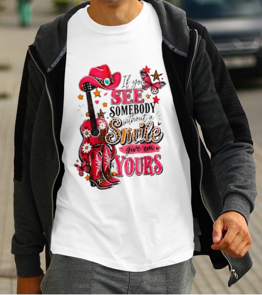 If You See Somebody Without A Smile Give 'Em Yours Cowgirl Pink Hat Boots Butterfly Leopard Print T-Shirt
