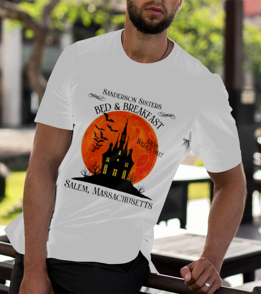 Sanderson Sisters Bed And Breakfast Kids Welcome Salem Massachusetts Halloween Bats Haunted House T-Shirt