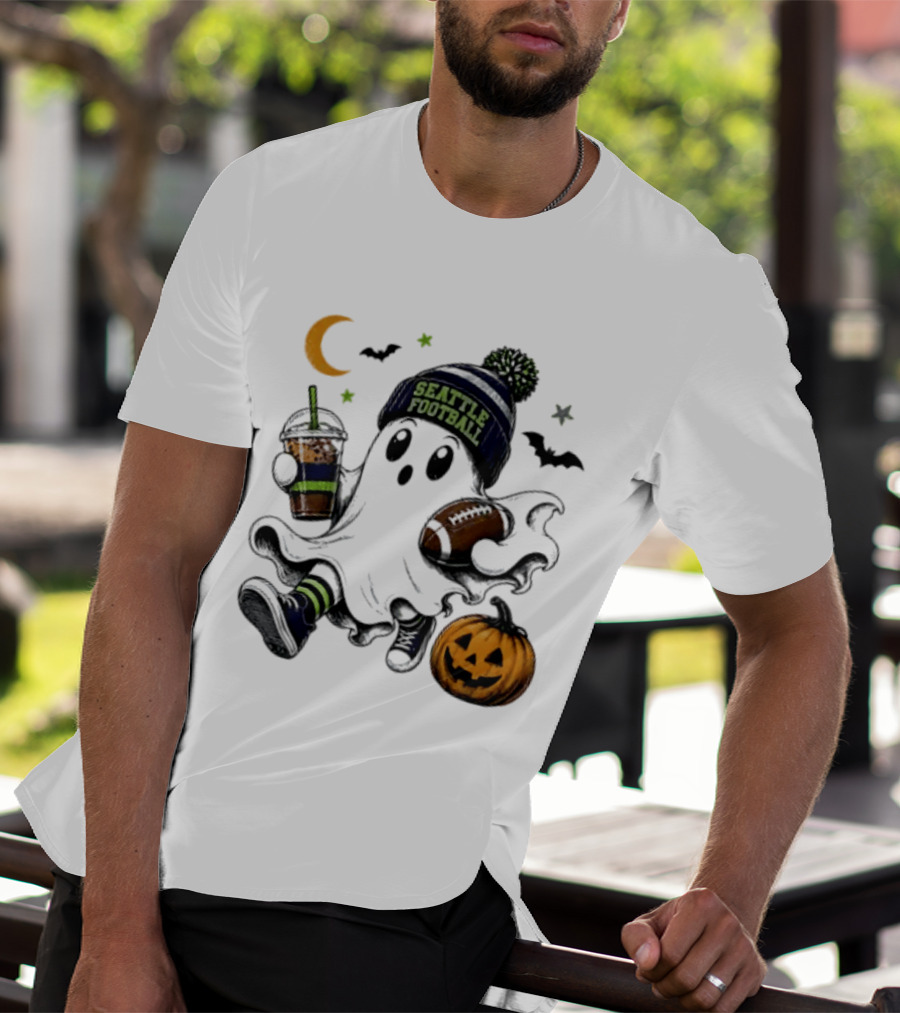 Seattle Football Halloween Ghost With Pumpkin Coffee And Moon T-Shirt