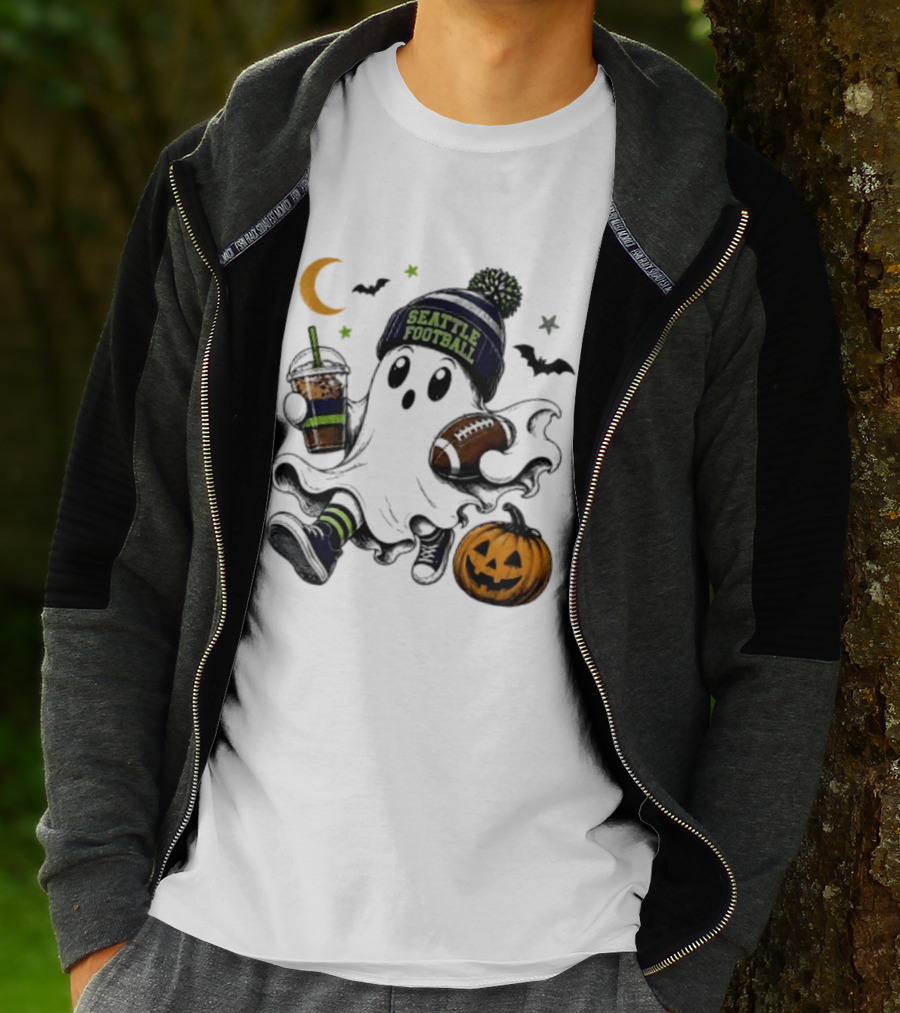 Seattle Football Halloween Ghost With Pumpkin Coffee And Moon T-Shirt