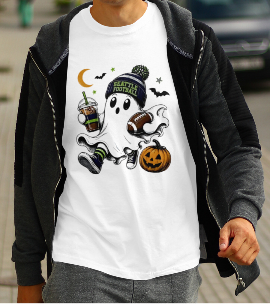Seattle Football Halloween Ghost With Pumpkin Coffee And Moon T-Shirt
