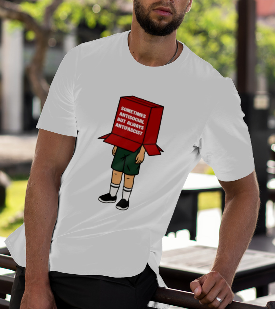 Sometimes Antisocial But Always Antifascist Box Head Cartoon T-Shirt