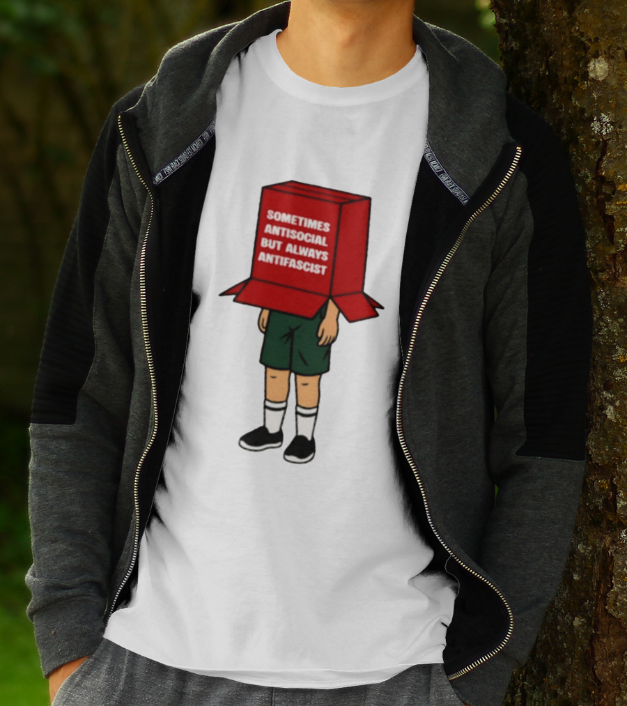 Sometimes Antisocial But Always Antifascist Box Head Cartoon T-Shirt