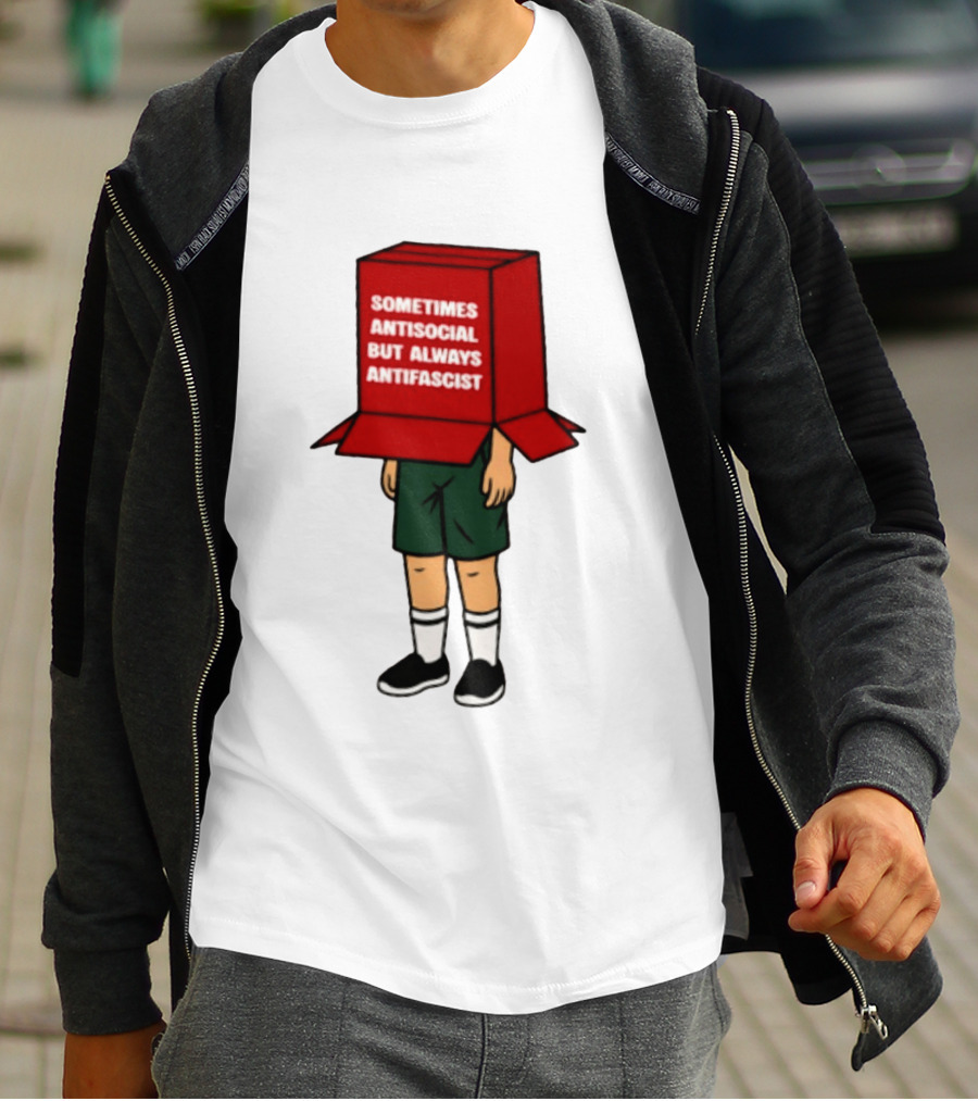 Sometimes Antisocial But Always Antifascist Box Head Cartoon T-Shirt