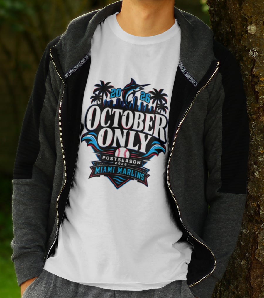 Miami Marlins 2026 October Only Postseason Baseball Palms Cityscape T-Shirt